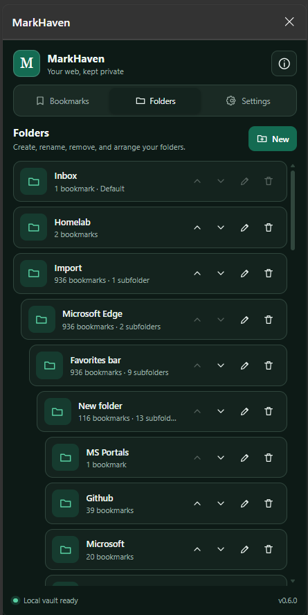 MarkHaven extension showing nested bookmark folders