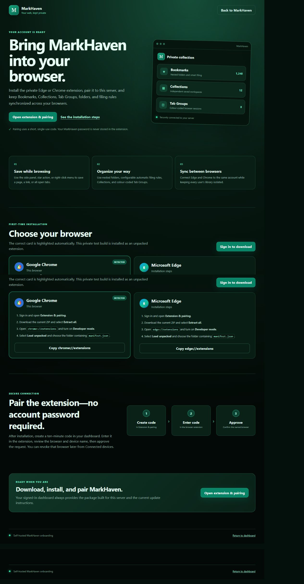 MarkHaven self-hosted browser onboarding page