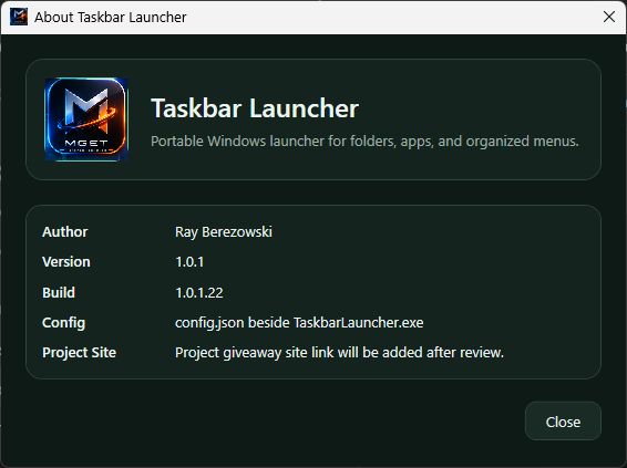 Taskbar Launcher About screen showing build 1.0.1.22