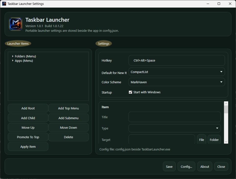 Taskbar Launcher 1.0.1.22 settings editor